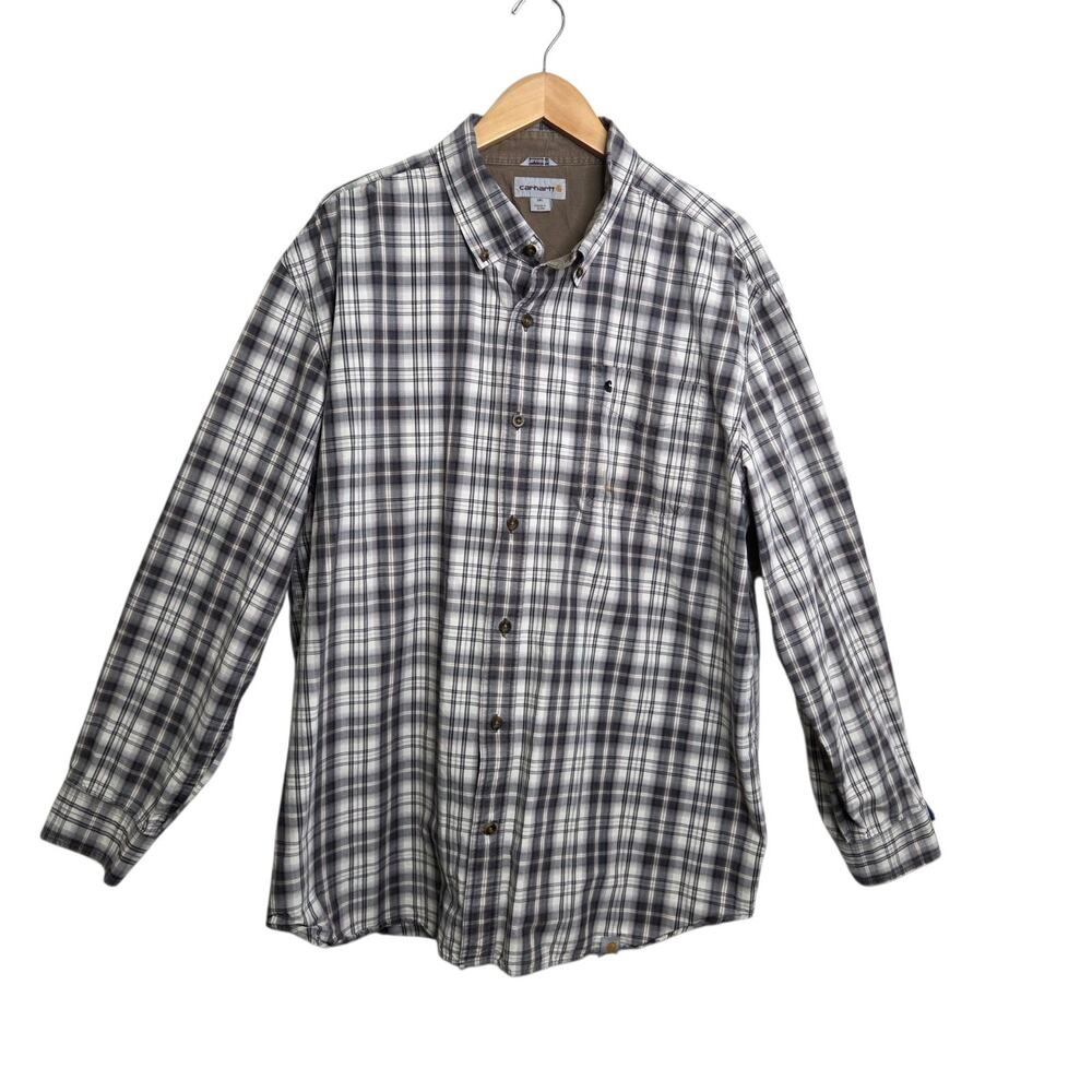 Carhartt Men's 2XL Button Up Work Shirt Shacket Tan Plaid‎ Utility Work Wear